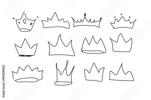 Hand drawn crown doodle set, sketchy royal tiaras collection in line art style