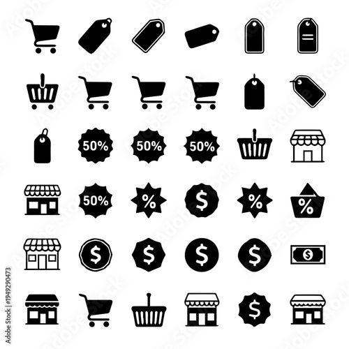Shopping icons with carts, tags, price tags, stores, and dollar signs for commerce