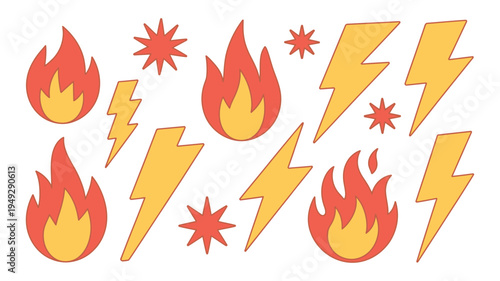 Cartoon fire and lightning icons with starburst effects, bold comic style graphics, energetic symbol design, isolated on white background.