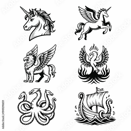 Mythical Creatures Line Art Icon Set – Unicorn, Phoenix, Griffin & More for Fantasy Branding & Tattoos”

