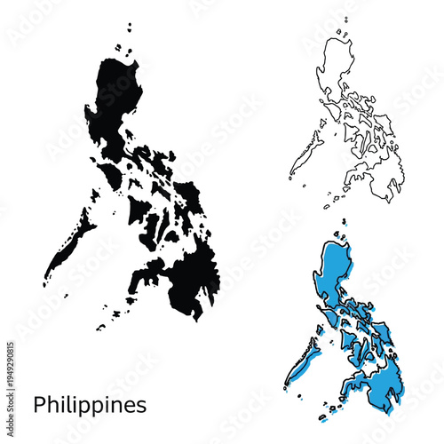 Philippines map illustration in solid outline and blue fill with text