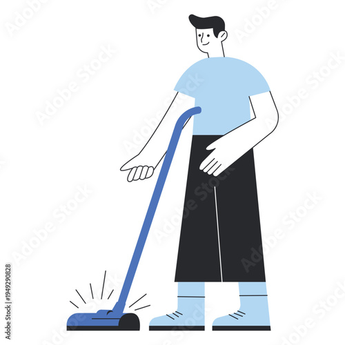 Man cleaning floor with vacuum cleaner.