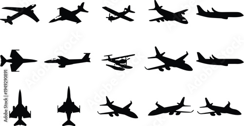 Airplane Silhouettes Collection with Commercial Jets Private Aircraft and Military Planes Aviation Transport Vector Illustration Isolated on White Background