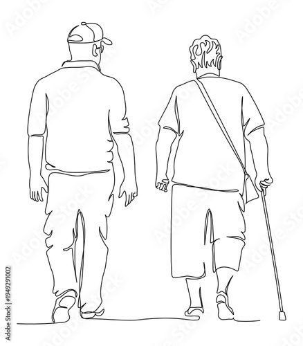 Senior couple walking away. Woman with walking cane. Back view. Continuous line drawing. Vector illustration in line art style. Editable stroke.