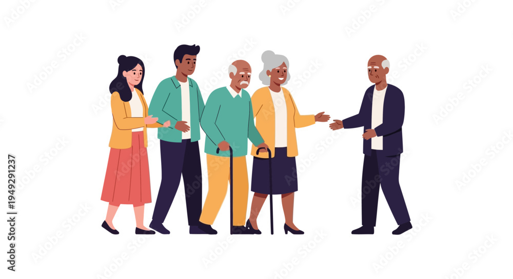 Obraz premium Multi-Generational Support: Young Adults Assisting and Caring for Elderly People with Canes
