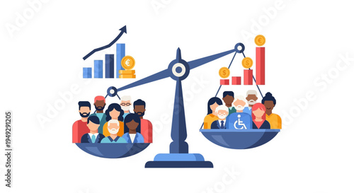 Social Equity & Economic Balance: Diverse Demographics on a Scale, Illustrating Wealth Distribution, Inequality, and Opportunity.