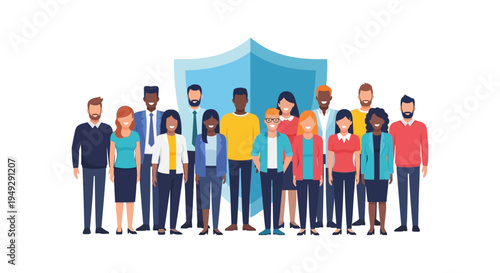 Diverse Business Team with Shield Icon: Corporate Security, Data Protection, and Community Safety Concept Vector Illustration