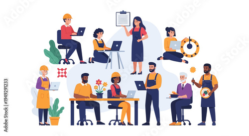 Diverse Professional Workforce Concept: People Engaged in Various Careers with Technology and Teamwork. Modern Flat Vector Illustration.