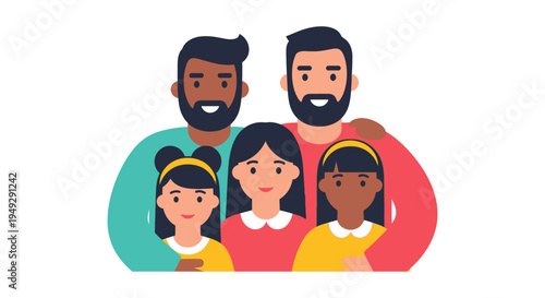 Diverse Modern Family Portrait: Two Fathers and Three Daughters Vector Illustration