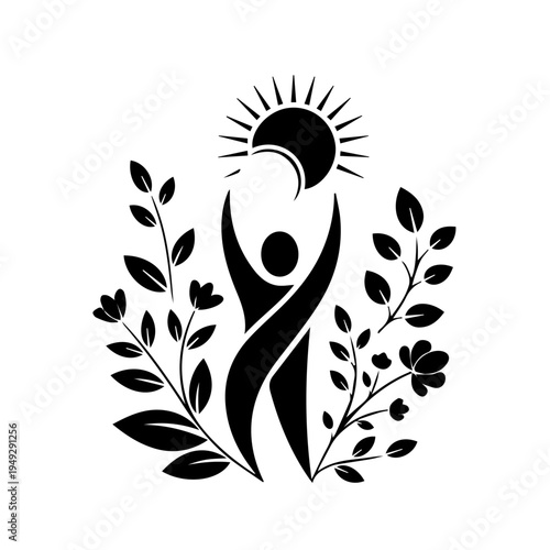 Stylized person embracing sun and moon amidst flourishing natural foliage, symbolizing harmony and cosmic connection