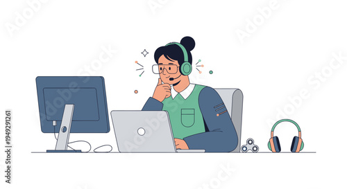 Thoughtful Female Customer Support Agent with Headset Working at Desk. Online Help & Problem-Solving Illustration