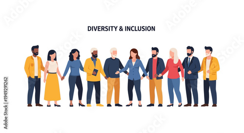 Diverse People Standing Together - Unity, Inclusion, and Collaboration Concept. Flat Vector Illustration of Global Teamwork and Equity.