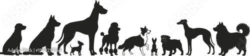 Dog Silhouettes Collection with Different Breeds and Sizes, Domestic Pet Animals Standing and Sitting Black Vector Illustration Isolated on White Background