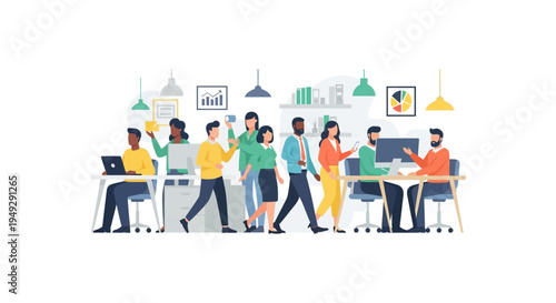 Diverse Business Team Working in Modern Office, Collaboration and Productivity. Professionals with Laptops & Desks - Flat Illustration