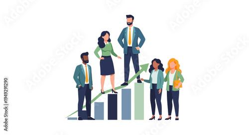 Diverse Business Team Achieving Growth and Success. Professionals on an Upward Bar Chart Illustrating Leadership, Progress, and Collaborative Achievement.