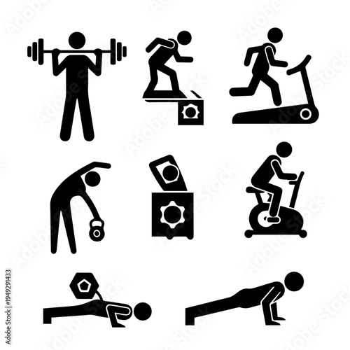 Dynamic Stick Figure Icons Illustrating a Wide Range of Physical Fitness and Workout Exercises