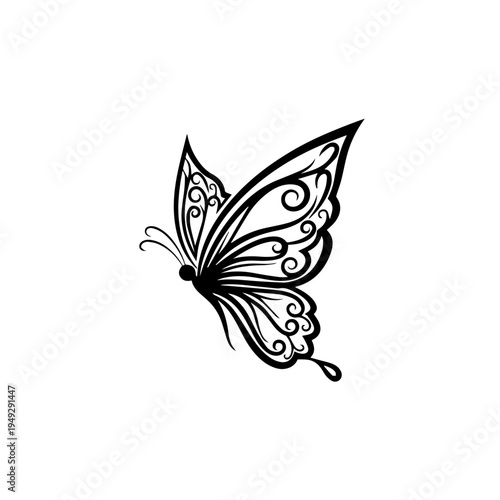 Black and white ornamental butterfly graphic with swirls and intricate details