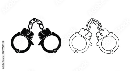 Two pairs of handcuffs depicted in contrasting black and white silhouette