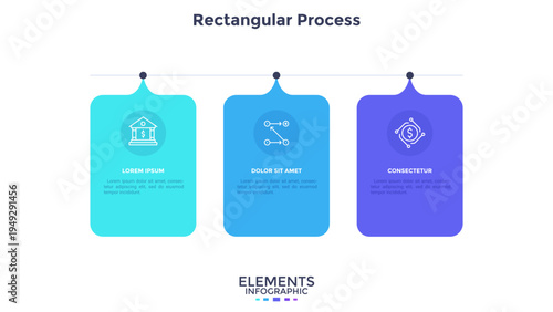 Three square paper white elements with rectangles placed in horizontal row. Concept of 3 successive steps to business project success. Modern infographic design template. Vector Illustration