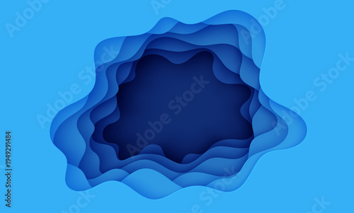 Abstract background with hole in cut paper style. Cutout blue sea wave template for for save the Earth posters, World Water Day bg, eco brochures. Vector water applique illustration with copy space.