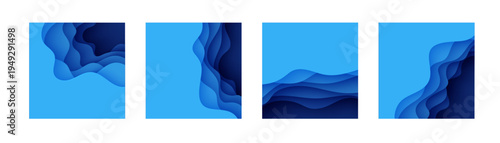 Square water layer set with paper cut wave and map border wavy. Papercut art flyer collection with backgrounds of abstract sea, pattern topography contour. Blue hole ocean square paper bg bundle kit.