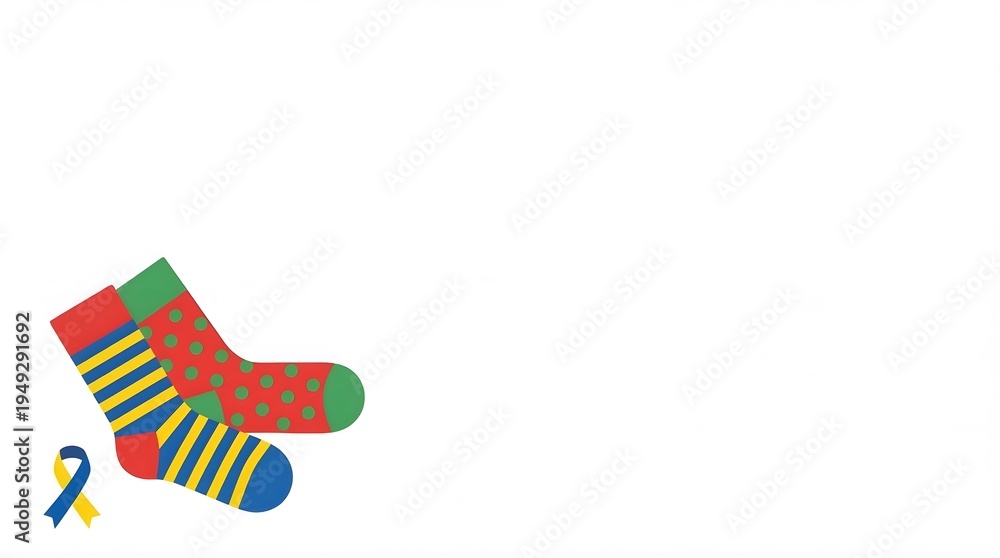 Obraz premium A vibrant illustration featuring three mismatched, colorful socks and a blue and yellow awareness ribbon on a white background.