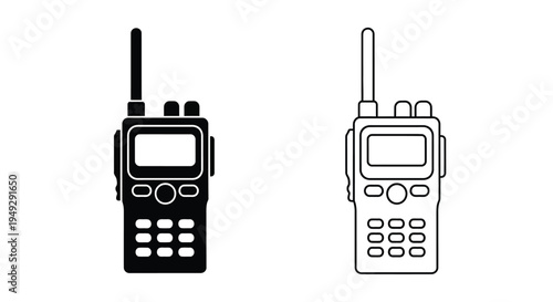 Two walkie talkie devices displayed in a black graphic silhouette