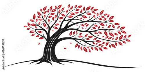 A majestic tree with vibrant red leaves standing tall against a white background