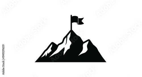 Mountain peak with a flag a striking black graphic silhouette