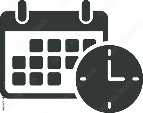 Calendar and Clock Icon in Flat Design with Black and White Tones for Scheduling and Time Management