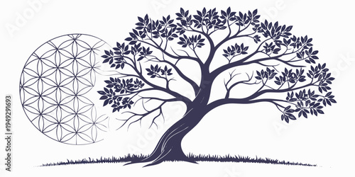 A majestic tree with intricate branches standing on a grassy field under a full moon.