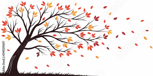A beautiful autumn tree with falling leaves against a white background
