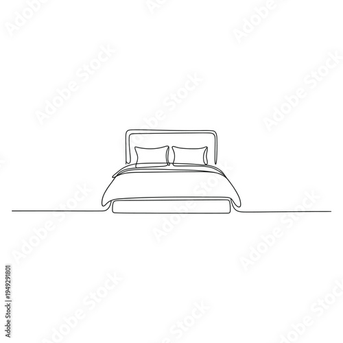 A fluid single line drawing elegantly outlines a comfortable bed with pillows and a duvet on a clean background