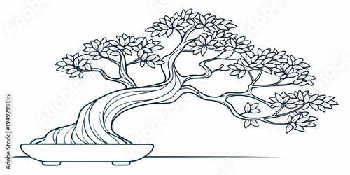 Intricate black and white illustration of a bonsai tree in a shallow dish