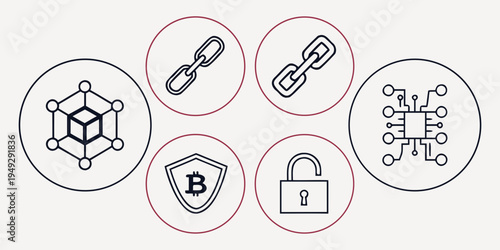 A collection of icons representing blockchain technology and cybersecurity