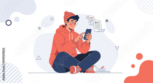 Young man using smartphone, checking tasks on screen, modern flat illustration style
