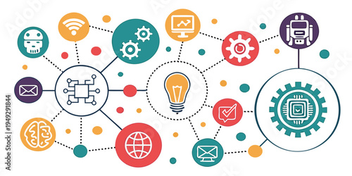 Vibrant illustration of interconnected gears and symbols representing various concepts