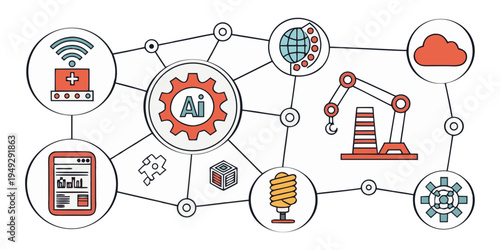 An illustration of interconnected systems and technologies in a networked environment.