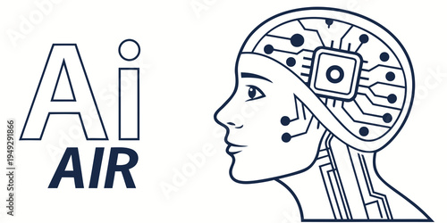 Futuristic illustration of a human head with a circuit board design and the text ai air