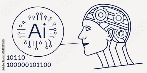 Illustration of a futuristic human head with a brain-like circuit pattern.