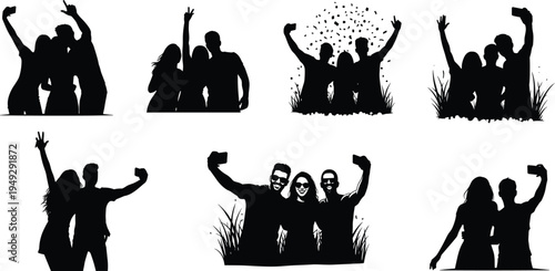 Friends Taking Selfie Silhouette Set, Happy People Celebrating Group Photography Moments and Social Media Lifestyle Concept