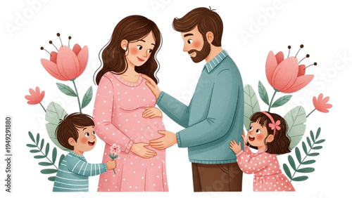 Happy Family Expecting Baby Illustration – Pregnant Mother with Father and Children Celebrating New Sibling