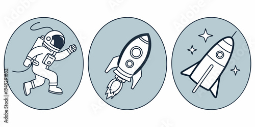 An astronaut running towards two rockets ready for launch in space.