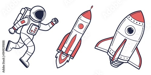 Astronaut running towards two rockets ready for space exploration.