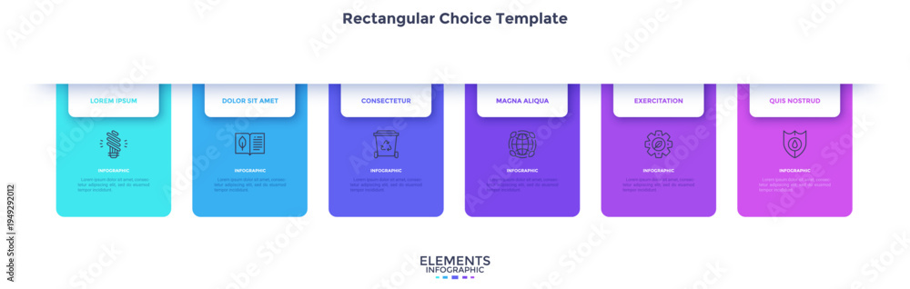 Obraz premium Startup project boosting research rectangular choice infographic chart design template. Business success infochart with icons. Instructional graphics with 6 options. Visual data presentation