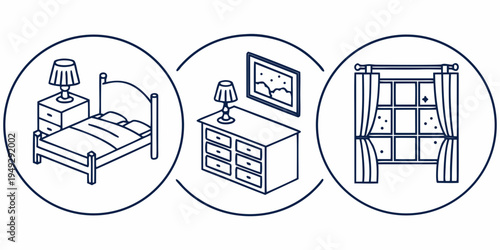 Bedroom furniture set including bed, dresser, and curtains