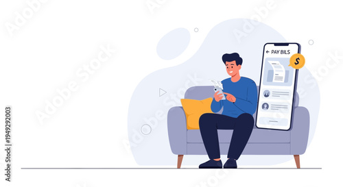 Man Pays Bills Online Using Smartphone While Sitting on Sofa