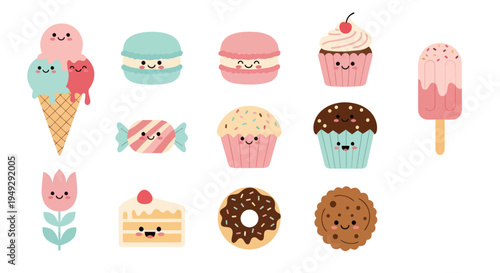 Cartoon desserts collection on white background