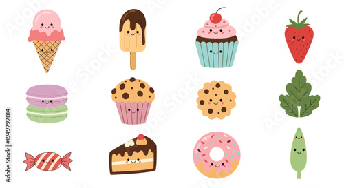 Cartoon desserts collection on white