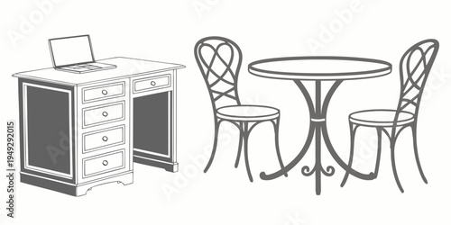 A vintage wooden desk with a laptop and a round wooden table with chairs